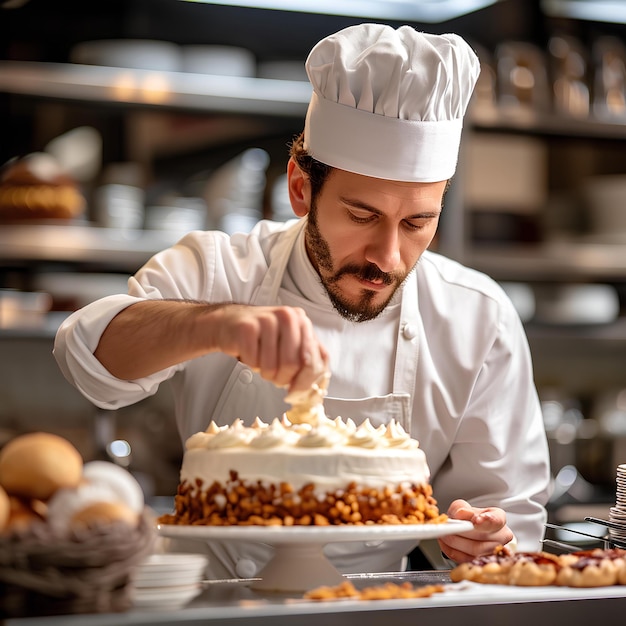 Een chef-kok bereidt een taart