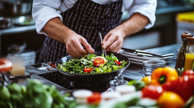 Een chef-kok bereidt een verse salade met kleurrijke groenten voor in een moderne keuken tijdens de dag