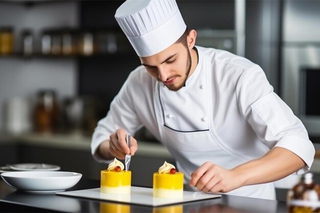 een chef-kok bereidt voedsel voor in een keuken met een gele container met een mes