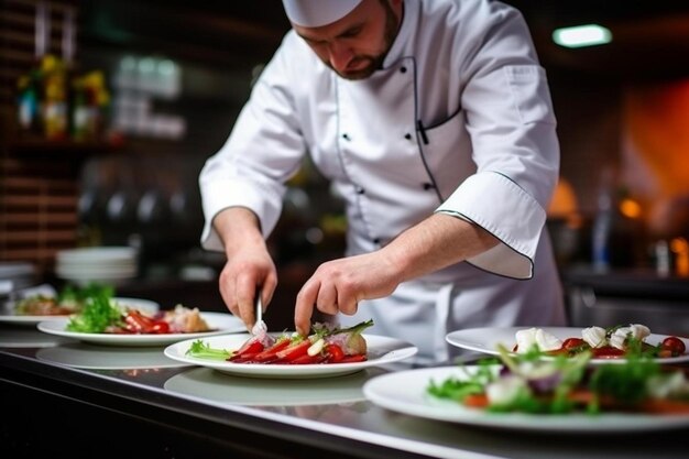 een chef-kok bereidt voedsel voor in een restaurantkeuken met andere borden met voedsel