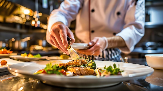 Een chef-kok bereidt zorgvuldig een heerlijke maaltijd in een professionele keuken