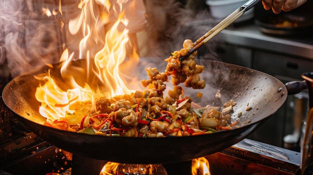 Een chef-kok die de ingrediënten vakkundig in een wok over een hoge vlam draait om een sizzling stirfry gerecht te creëren dat vol smaak barst