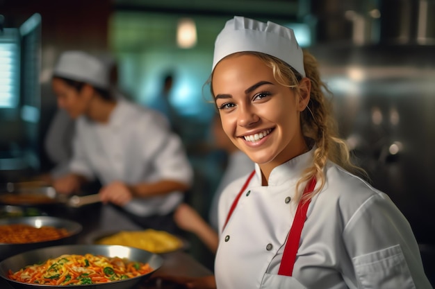 Een chef-kok die een bord eten vasthoudt in een restaurant