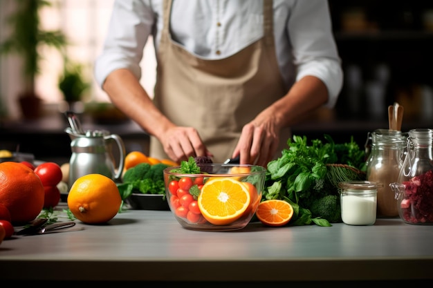 een chef-kok die een fruitsalade bereidt met Vitamin Crich Foods AI generatief