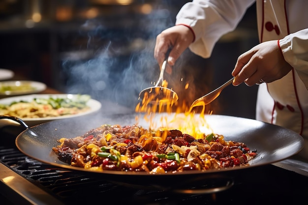 Een chef-kok die een zinderend bord Kung Pao-kip klaarmaakt