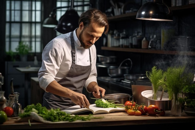 Een chef-kok die groenten hakt op een snijplank met een pot groenten.