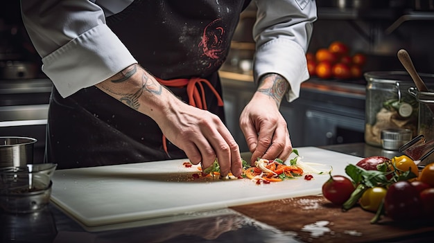 een chef-kok die groenten snijdt op een snijplank.