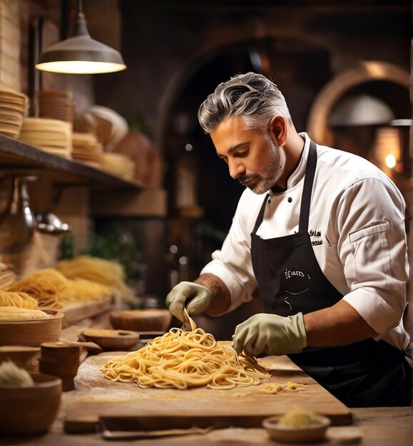 een chef-kok die handgemaakte pasta maakt generatieve ai