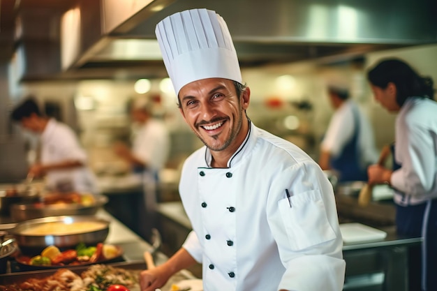 Een chef-kok die in een keuken naar de camera lacht