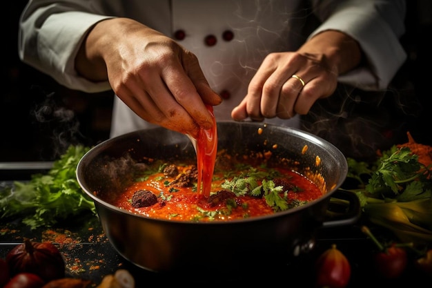 een chef-kok die met een lepel een pot soep roert.