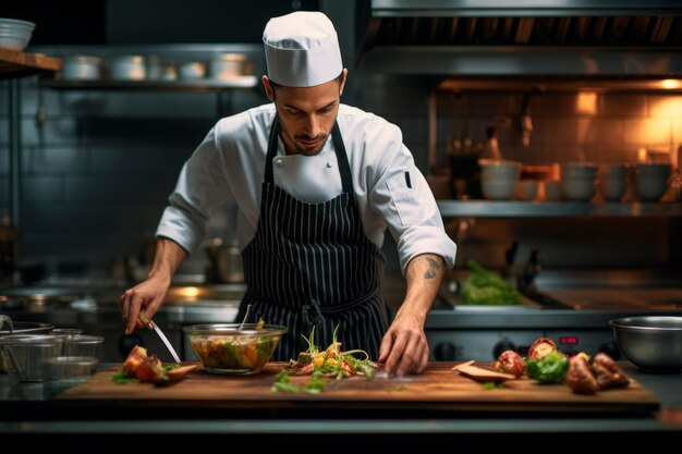 een chef-kok die vaardig een gerecht in een industriële keuken plaatst