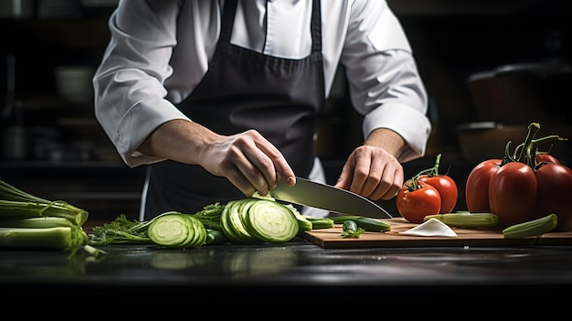 Een chef-kok die vers ingrediënten vakkundig snijdt