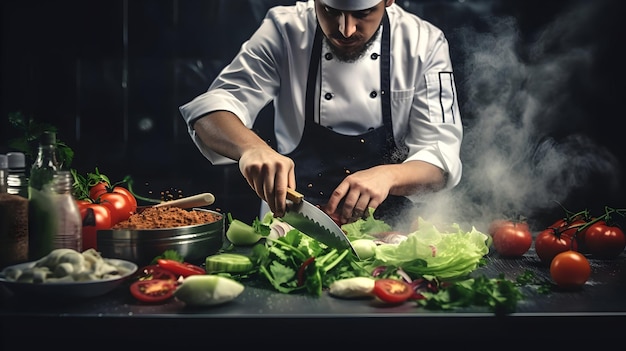 Een chef-kok die vers ingrediënten vakkundig snijdt