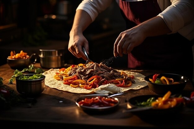 Foto een chef-kok garneert fajitas met een vleugje knapperige gebakken uien