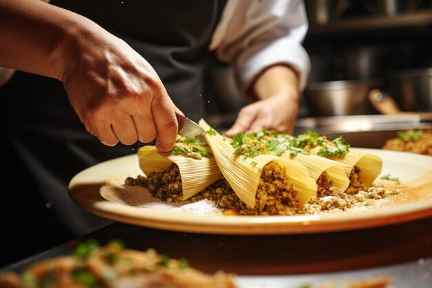 Foto een chef-kok garneert tamales met een vleugje gehakte cilantro