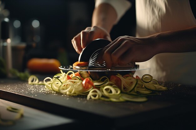 Foto een chef-kok handen vakkundig met behulp van een mandoline-snijder naar 00031 03