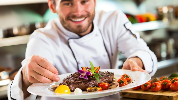 Een chef-kok houdt een bord vast met een heerlijke biefstuk hij glimlacht en ziet er trots op uit van zijn werk