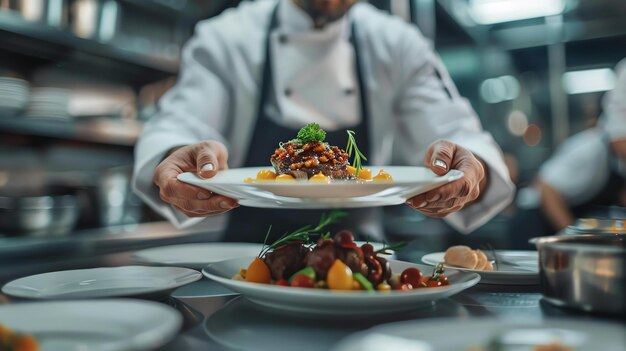 Een chef-kok houdt een bord vast met een heerlijke maaltijd. De chef-kok draagt een witte chef-kok jas en is in een commerciële keuken.