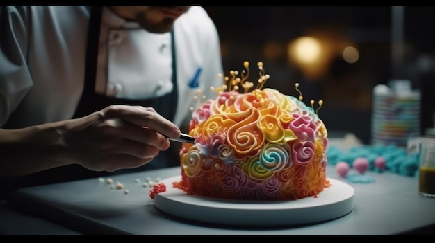 Een chef-kok in een wit schort versiert een cake met regenbogen.