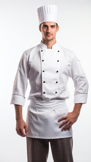 een chef-kok in een wit uniform met knopen op zijn shirt