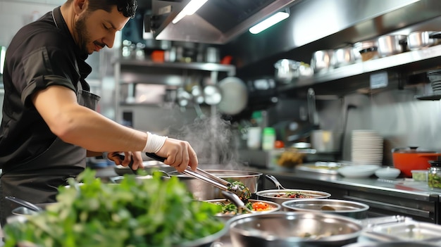 Foto een chef-kok kookt in een commerciële keuken hij draagt een zwarte chef-kok jas en schort hij gebruikt tangen om een pot met eten te roeren