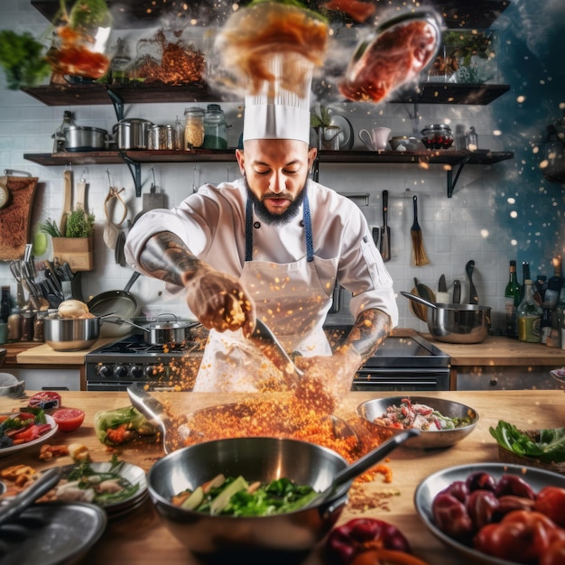 Een chef-kok kookt in een keuken met een grote kom eten op tafel.