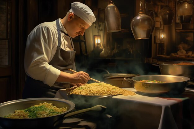 Een chef-kok kookt in een keuken met een pan eten op het fornuis