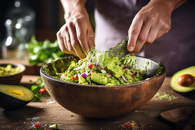 Een chef-kok maakt avocado's voor guacamole in een houten schaal.