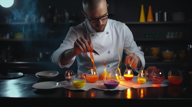 Een chef-kok maakt een kaars op een tafel