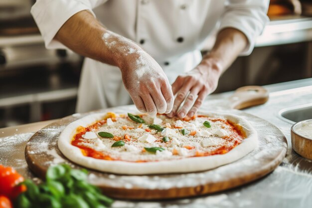 Een chef-kok maakt handmatig Italiaanse pizza in de keuken van het restaurant