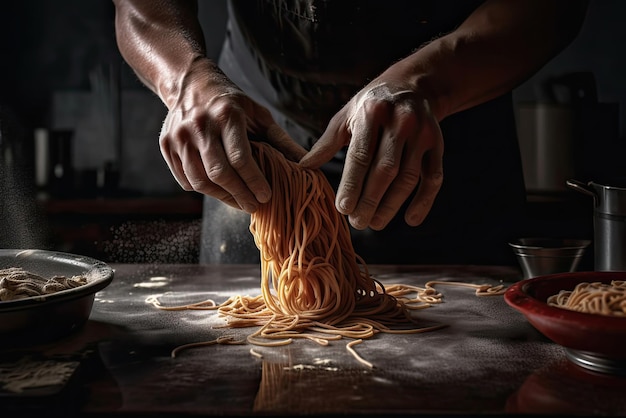 Een chef-kok maakt spaghetti in een donkere keuken.