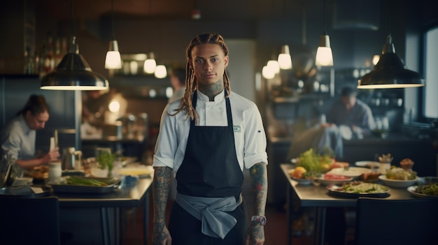 Een chef-kok met dreadlocks en tatoeages staat in de keuken de nieuwe generatie van culinaire