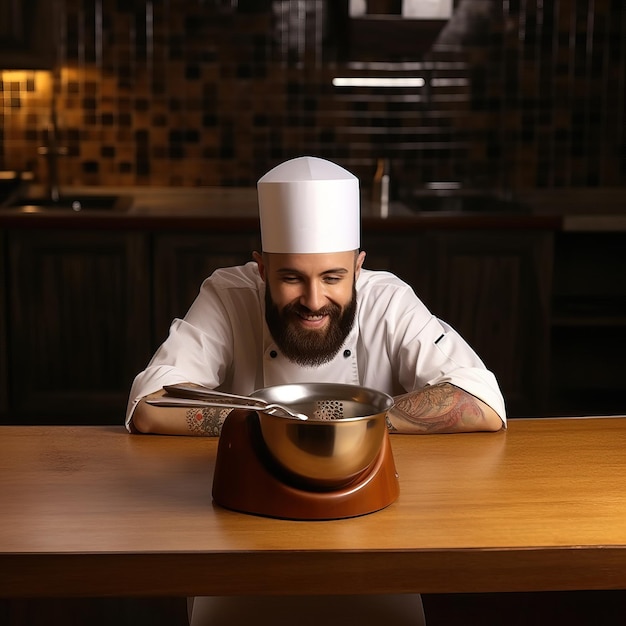 Een chef-kok met een witte koksmuts zit aan een tafel met een kom eten.