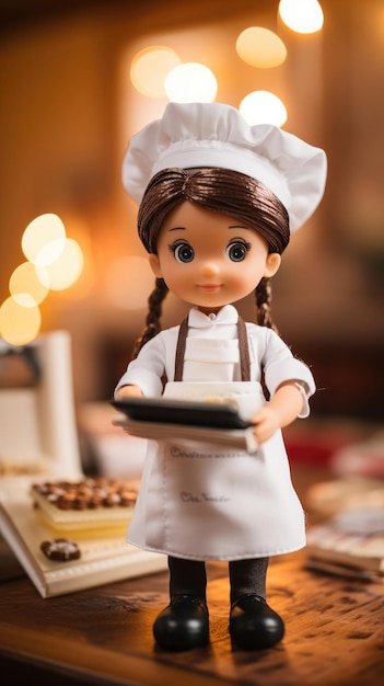 een chef-kok pop met een kookboek Generative Ai