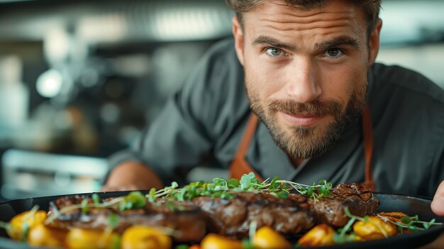 Foto een chef-kok presenteert een gourmet steak gereg versierd met verse kruiden die een voortreffelijk diner belichaamt