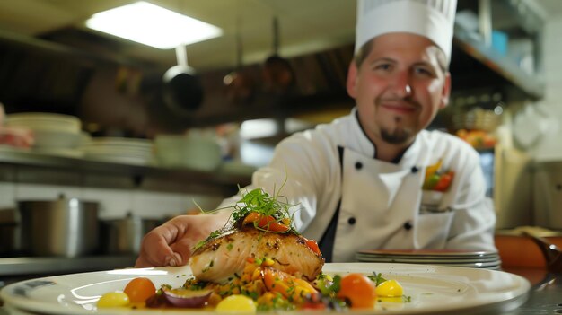 Foto een chef-kok presenteert een heerlijke en gezonde maaltijd. de maaltijd bestaat uit een stuk gegrilde zalm, verse groenten en een lichte saus.