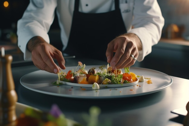 Een chef-kok schikt vakkundig een bord met prec 00030 03