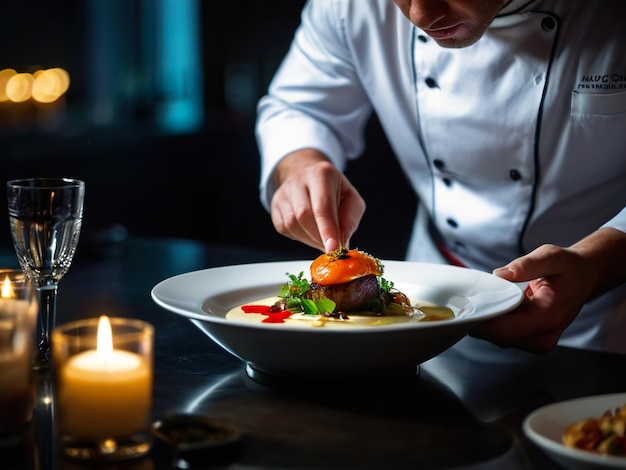 Een chef-kok serveert een diner.