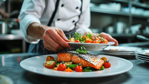 Een chef-kok serveert zorgvuldig een heerlijke maaltijd. Het bord heeft een groot stuk gegrilde zalm, asparagus en kersen tomaten.