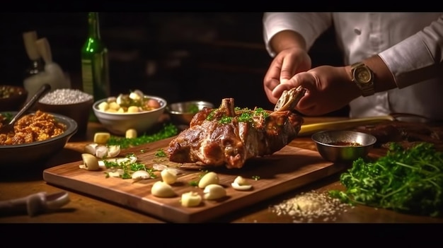 Een chef-kok snijdt een lamsvlees op een snijplank met knoflook en knoflook.