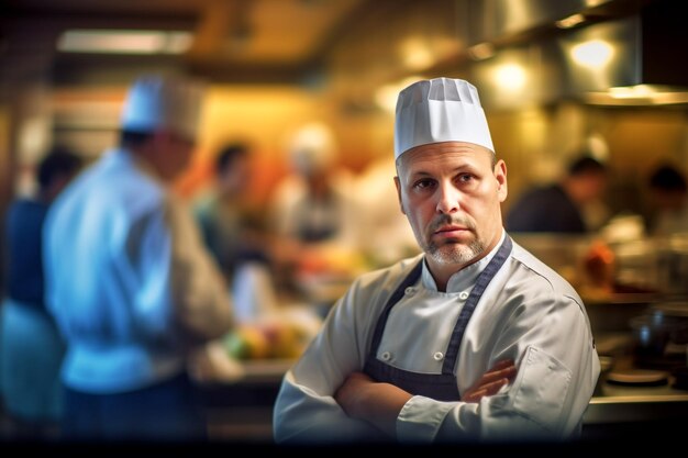 Een chef-kok staat in een keuken met zijn armen over elkaar.