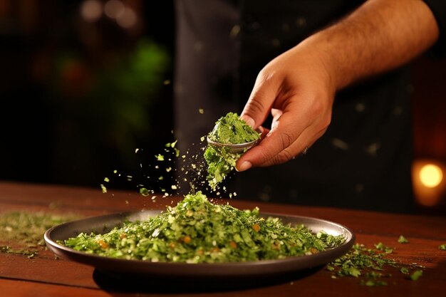 Foto een chef-kok strooit gekapte cilantro over chili en nogada