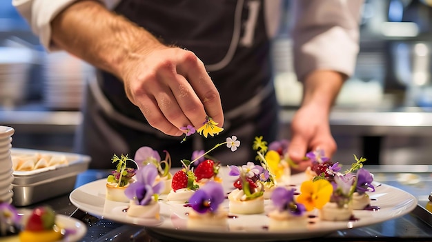 Een chef-kok versiert een bord met eetbare bloemen om een heerlijk en aantrekkelijk gerecht te versieren