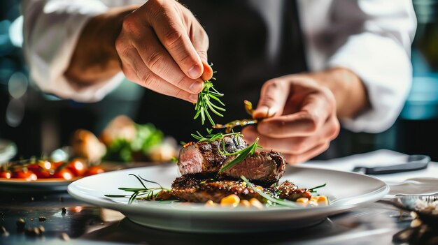 Een chef-kok voegt voorzichtig rozemarijn toe aan een bord heerlijk eten de chef-kok draagt een witte jas en gebruikt zijn vingers om de rosemarie toe te voegen