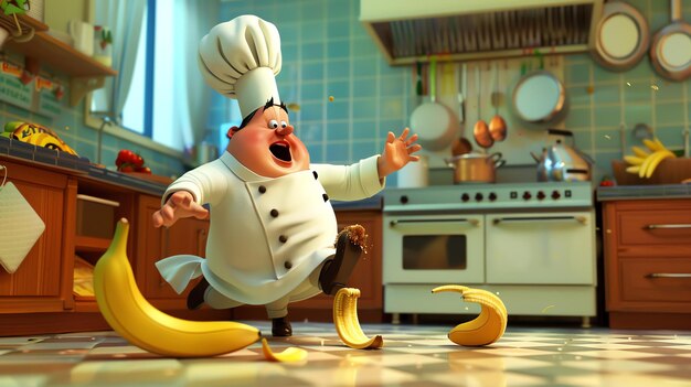 Foto een chef met een chef hoed en een hoop bananen