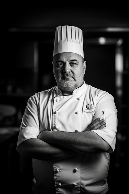 Foto een chef met zijn armen gekruist en een chef hoed aan
