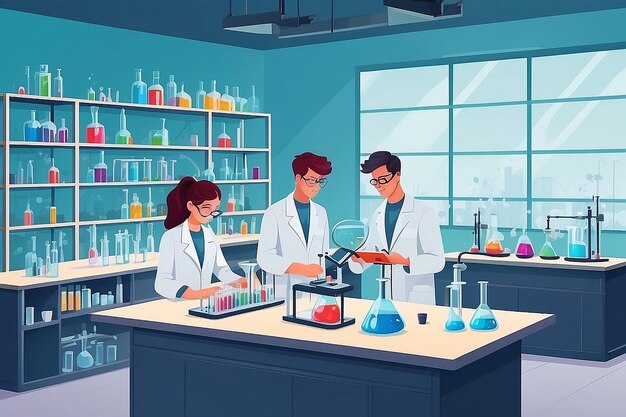 een chemie lab met studenten die nieuwe verbindingen en materialen synthetiseren vector illustratie in platte stijl