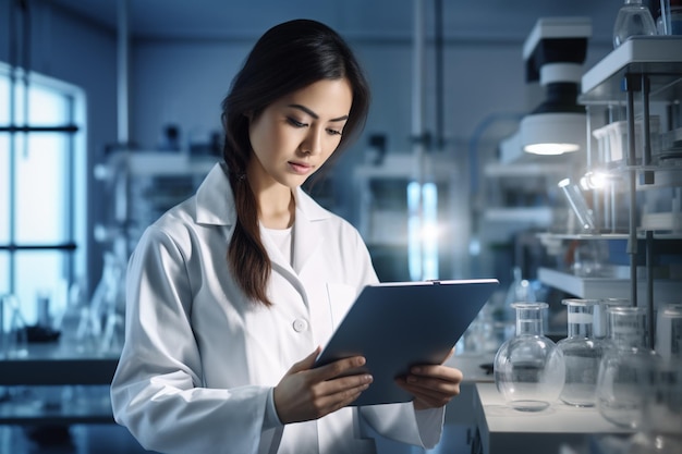 Een chemie lab vrouw met tablet in het laboratorium met Generative AI