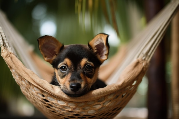 Een chihuahua in een hangmat met een groene palmboom op de achtergrond