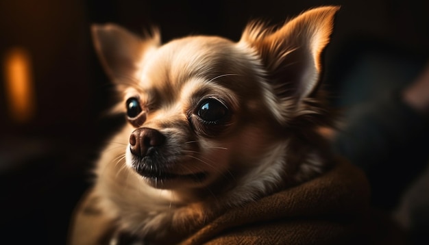 Een chihuahua met een bruine deken erop